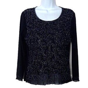 Dressy S. M. Collection Black Beaded Top Party Semi Sheer Sleeve Rayon Stretch M